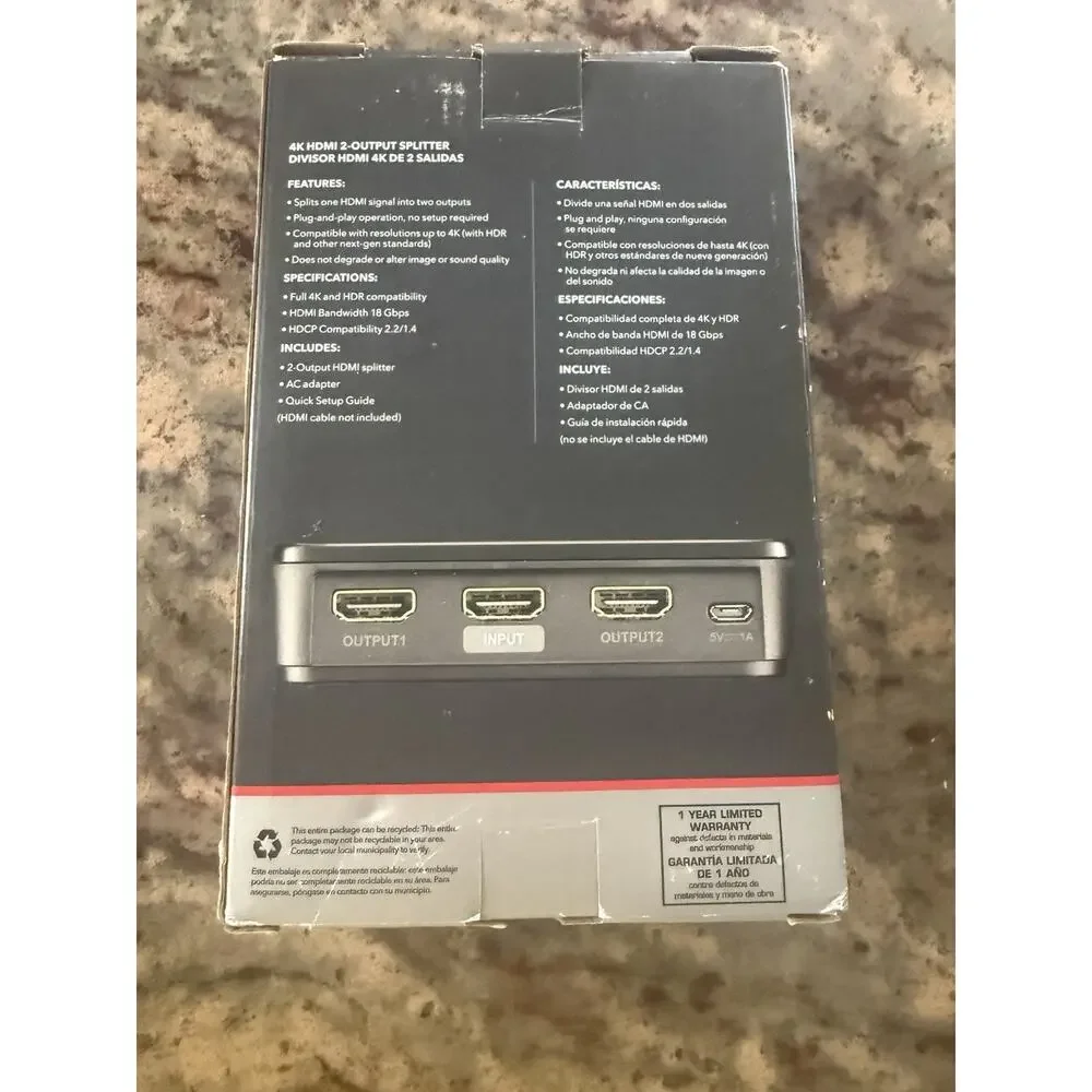 Rocketfish 2 Output HDMI Splitter 4K Ultra HD Hub Port HDR Compat Black Open Box